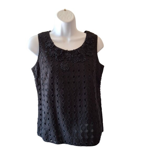 Talbots Blouse Tank Top 6P Black Sleeveless Cotton Eyelet Overlay Goth Preppy - Picture 1 of 6